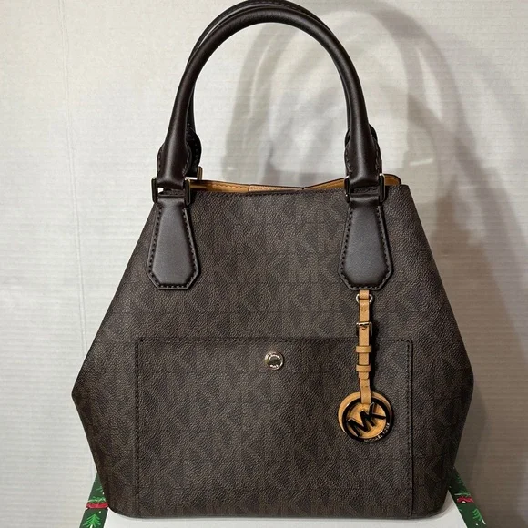 NWT Michael Kors Brown Logo Greenwich Large Grab Bag Tote Satchel MK Signature - Picture 1 of 14